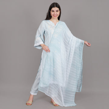 Sky Blue Mull Cotton Embroidered Straight Kurta And Slim Pant Suit Set With Dupatta