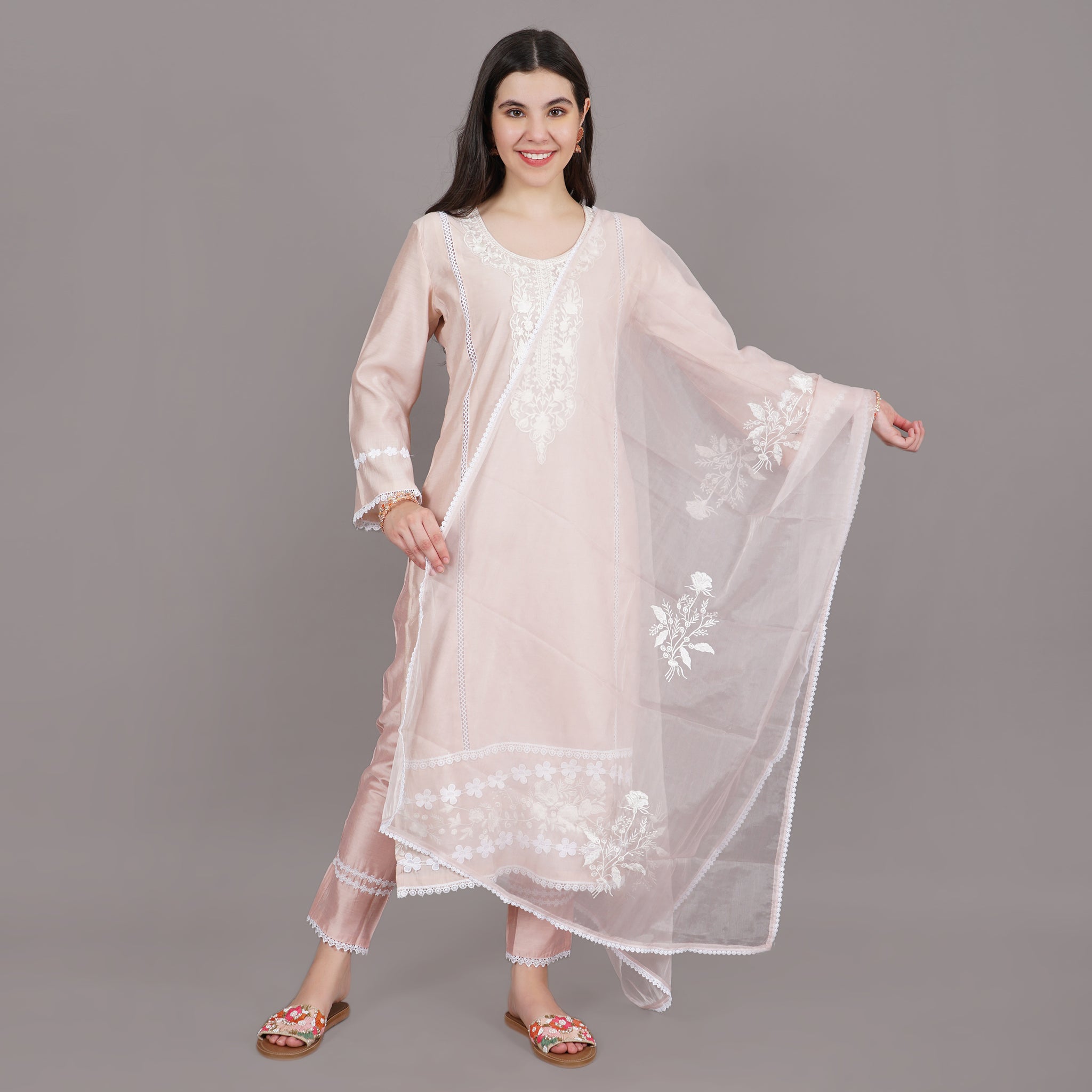 Light Pink Mull Cotton Embroidered Straight Kurta And Slim Pant Suit Set With Dupatta