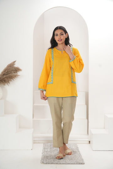 Women Yellow Lace Short Kurta