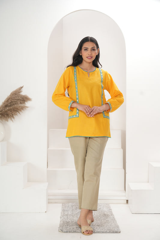 Women Yellow Lace Short Kurta