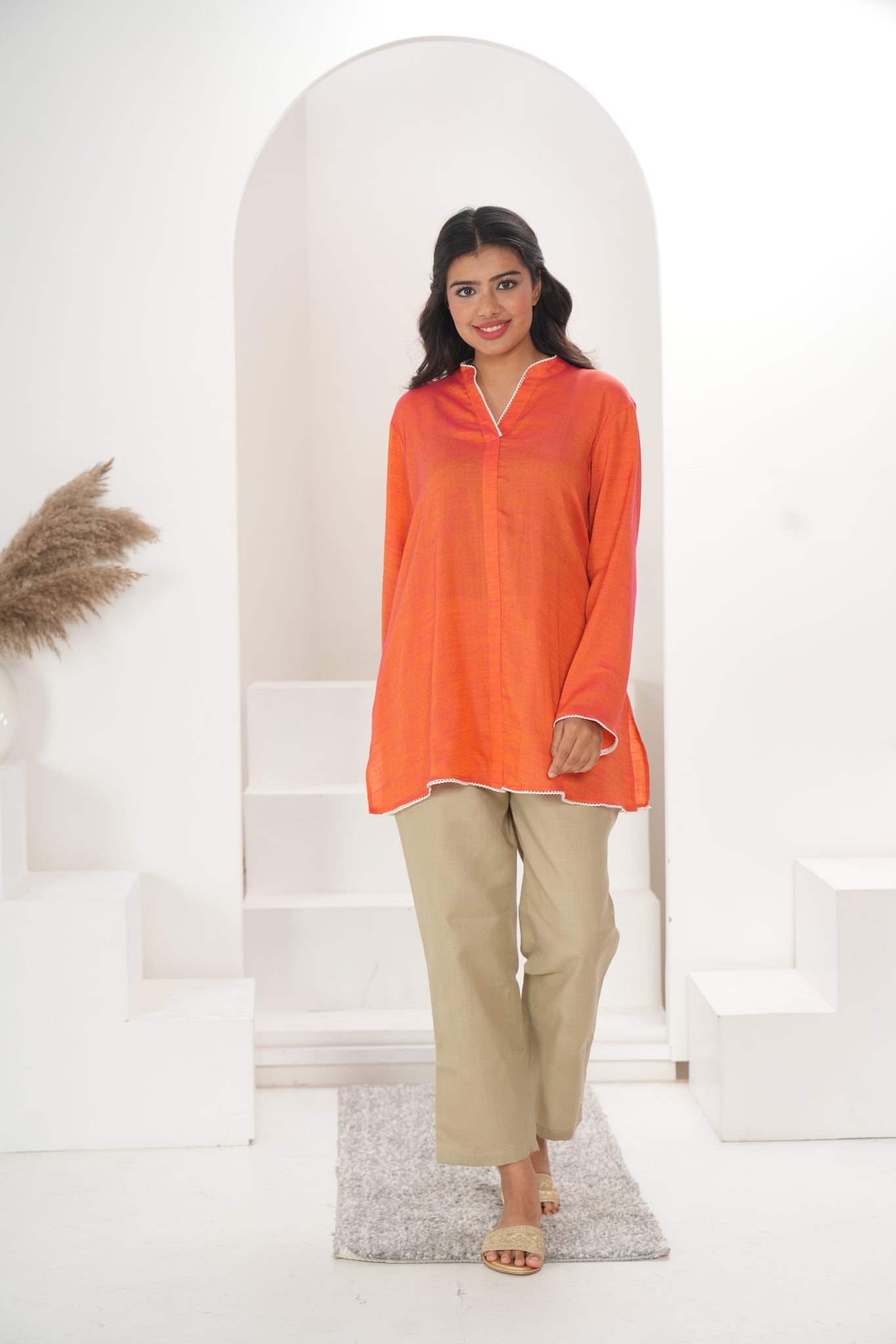 Women Dual Tone Orange Short Kurta