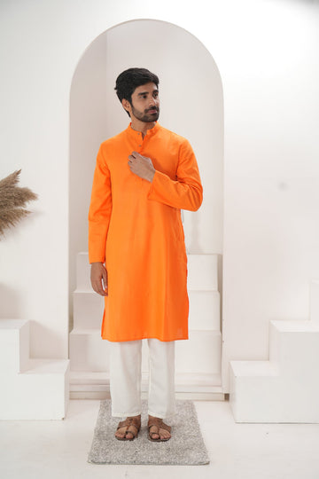 Men's Bright Orange Kurta With White Pajama