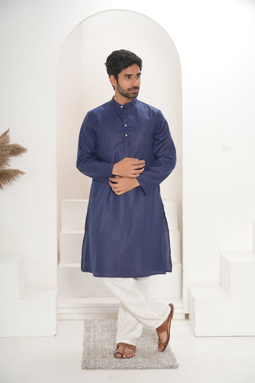 Men's Blue Kurta With White Pajamas