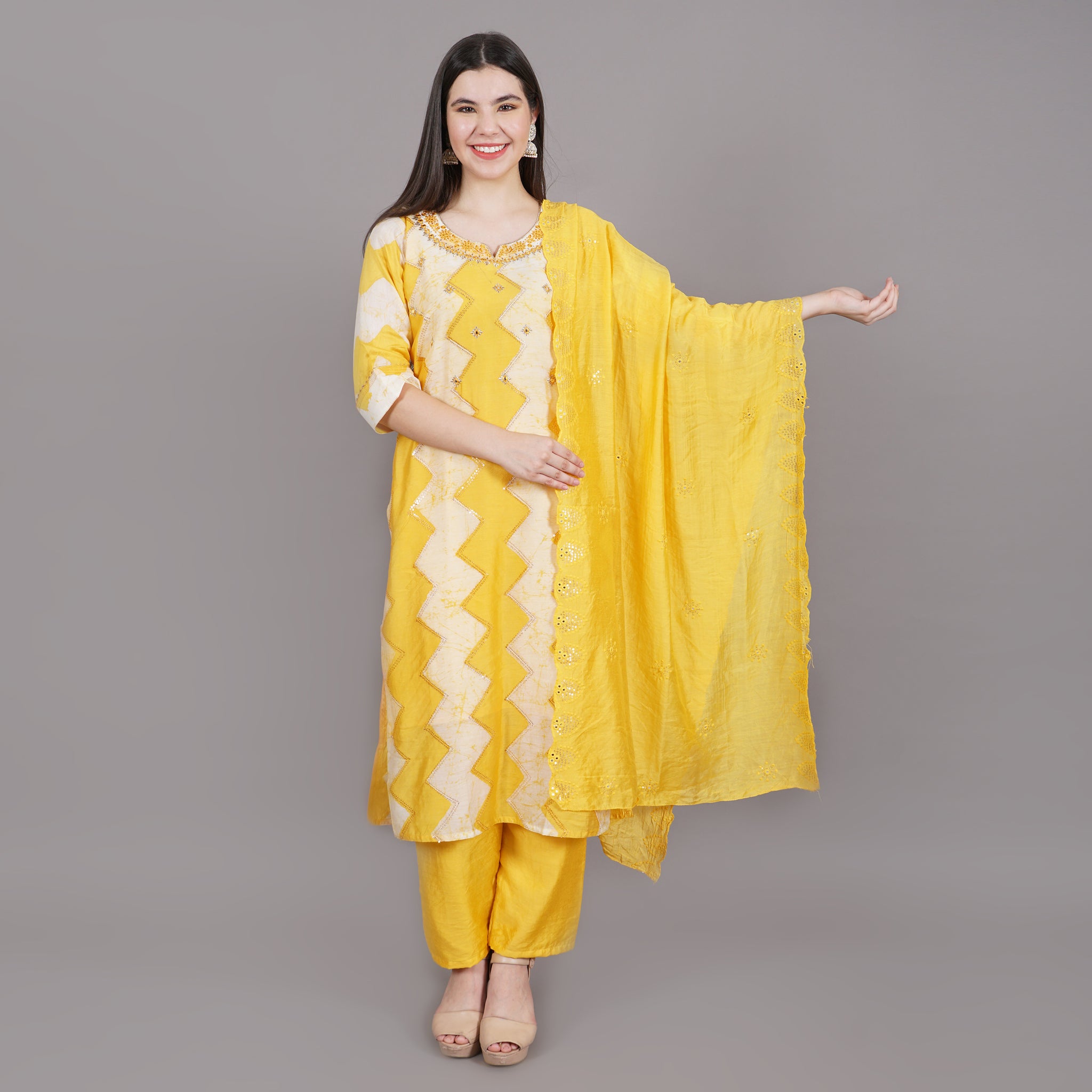 Yellow Embroidered Neck Straight Kurta With Pant & Dupatta Suit Set