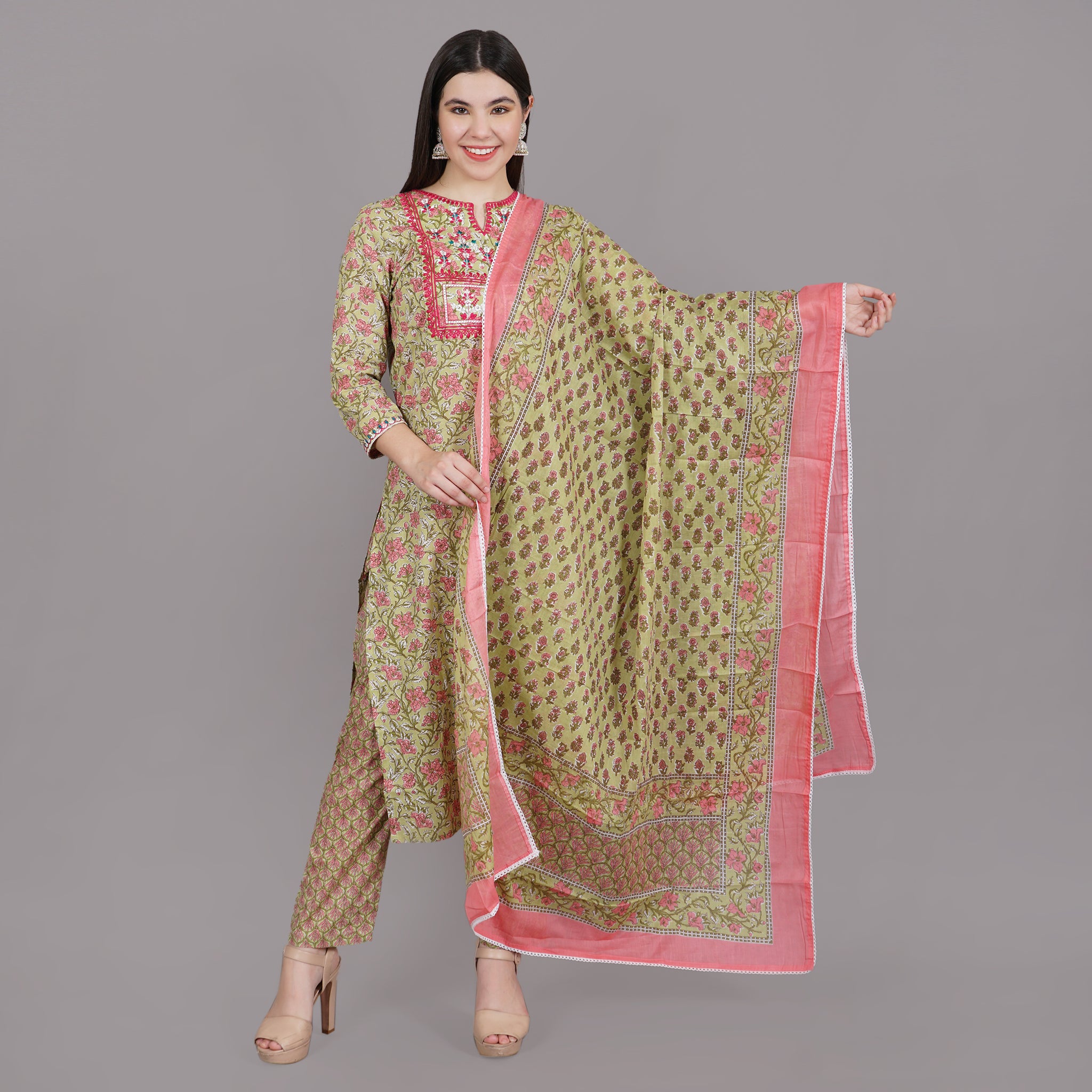 Green Handblock Printed with Embroidered Yoke Pure Kurta With Trousers & Dupatta