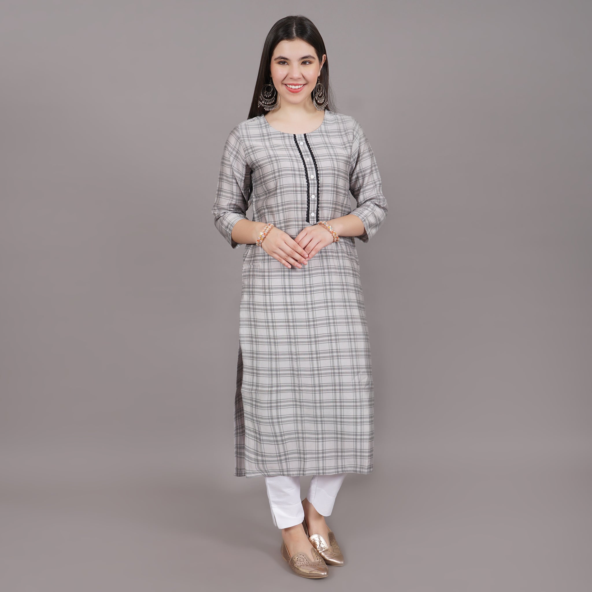 Grey Checked Printed Straight Kurta