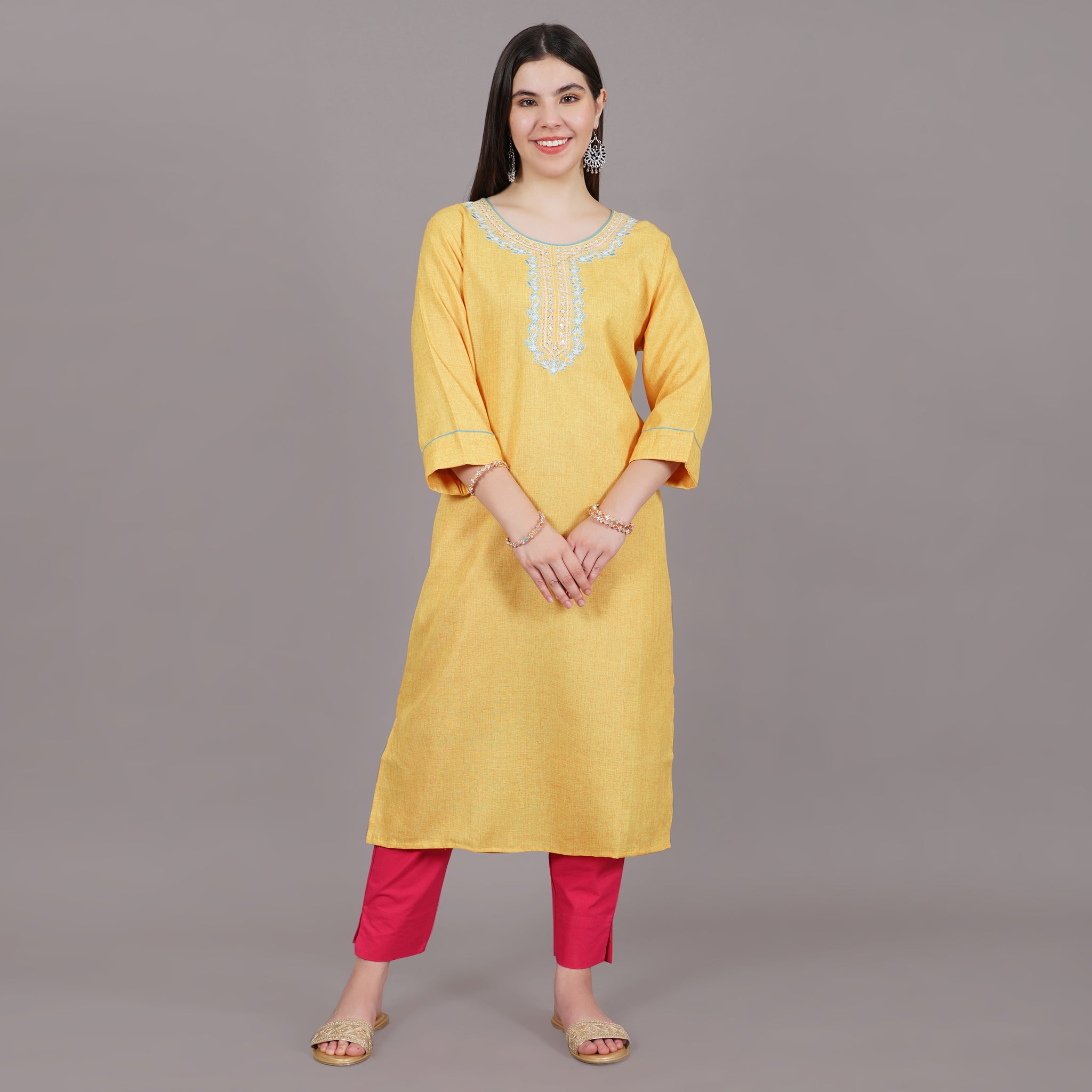 Plus Size Yellow Embroidered Straight Kurta