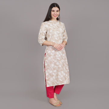 Beige Floral Print Straight Kurta