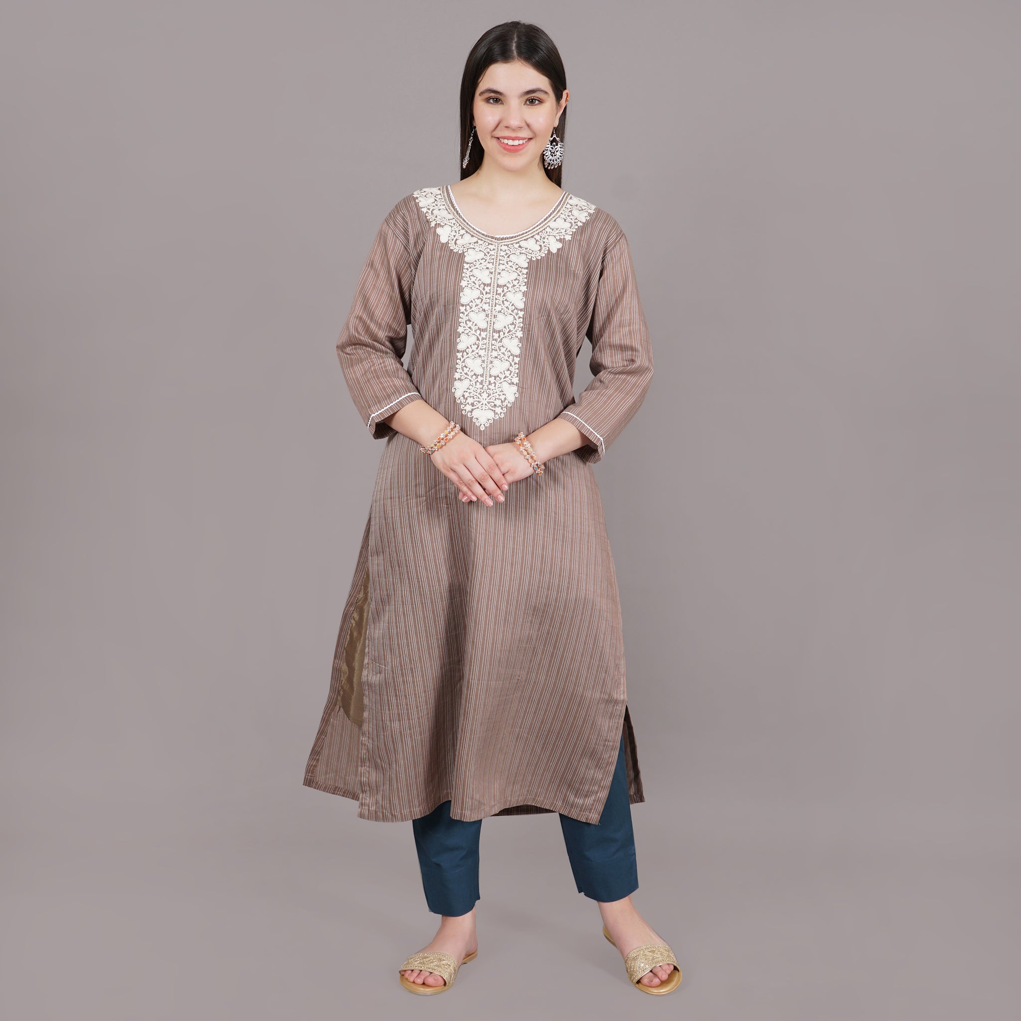 Brown Floral Embroidered Straight Kurta