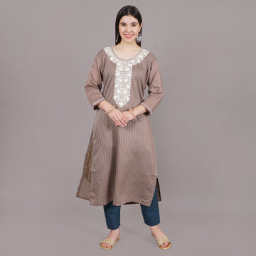 Brown Floral Embroidered Straight Kurta