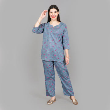 Grey Floral Print Cotton Nightsuit