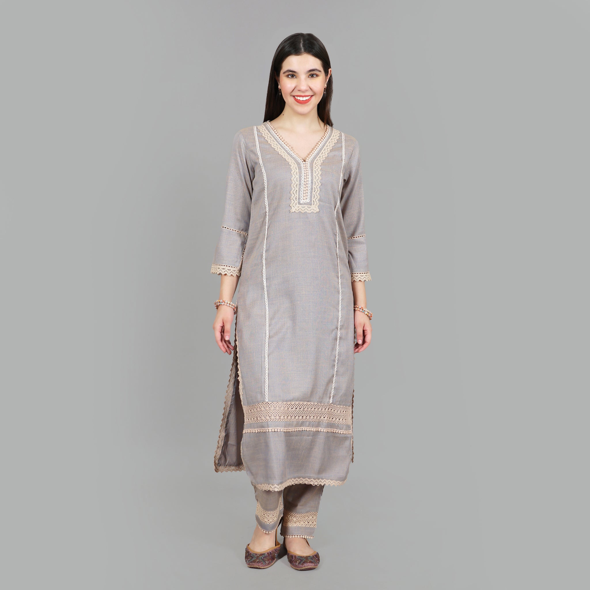 Grey Lace Straight  Kurta Set