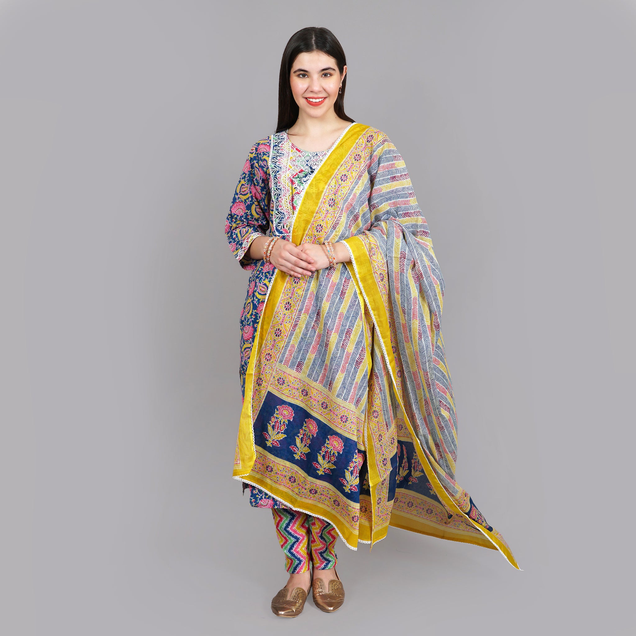 Multi-color Floral Handblock Yoke Embroidered  Kurta, Trousers and Dupatta