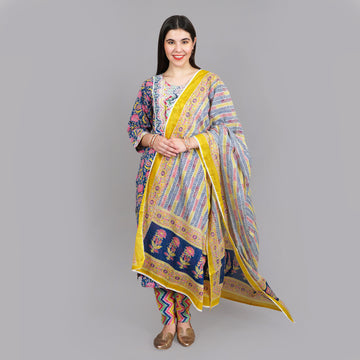 Multi-color Floral Handblock Yoke Embroidered  Kurta, Trousers and Dupatta