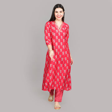 Rani Pink Handblock Printed Kurta Set