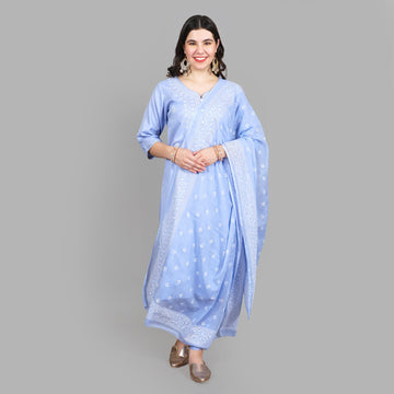 Light Blue Embroidered straight Kurta, Pant and Dupatta  Suit Set