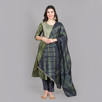 Dark Green Embroidered Yoke Straight Kurta, Pant And Chiffon Dupatta Suit Set