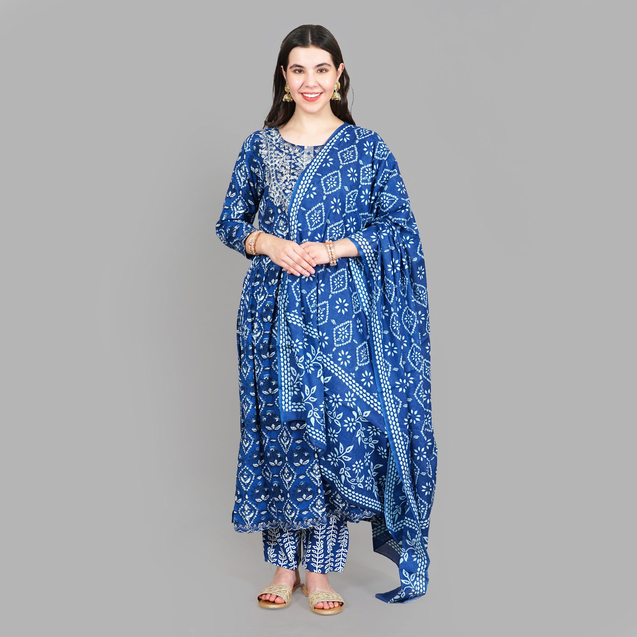 Blue Naira Cut Handblock Print With Embroidered Yoke kurta, Pant and Dupatta