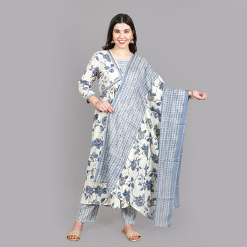 Off-White And Grey Alia cut Floral Printed Kurta ,Pant And Printed Dupatta Suit Set