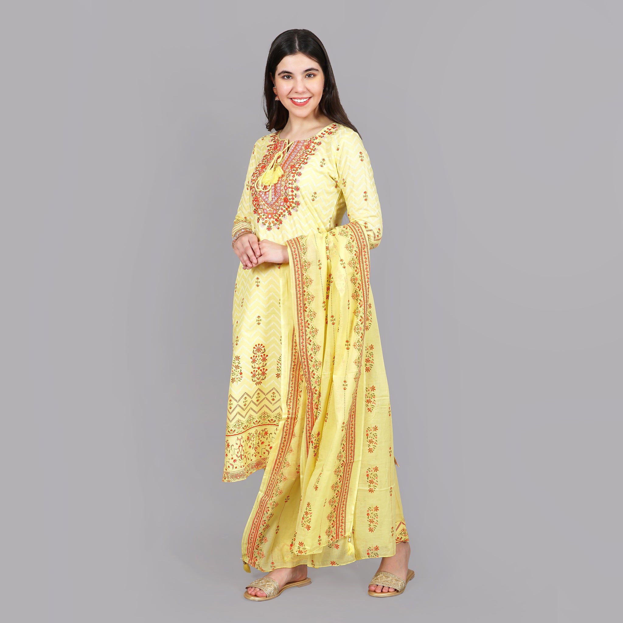 Yellow Yoke Embroidered Straight Kurta,Pant and Dupatta Suit Set