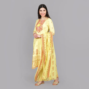 Yellow Yoke Embroidered Straight Kurta,Pant and Dupatta Suit Set