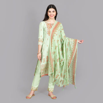 Light Green Yoke Embroidered  Straight Kurta,Pant and Printed Dupatta Suit Set